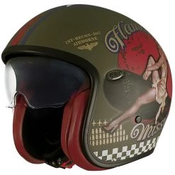 Casque De Moto Jet Vintage En Fibre Premier VINTAGE EVO Pin Up Vert Militaire BM Matt